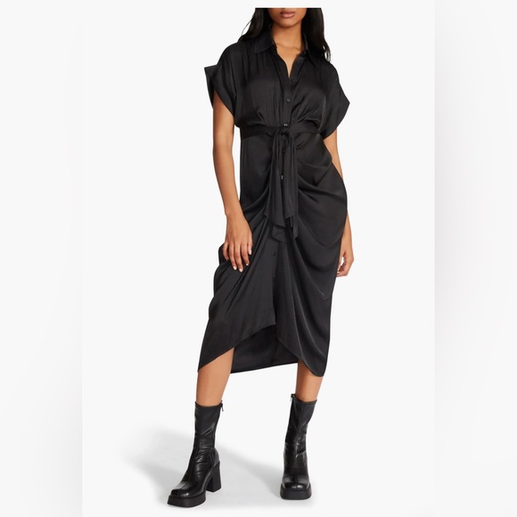 Steve Madden Dresses & Skirts - Steve Madden Black Tori Ruched Tie Front Midi Shirt Dress size 4
